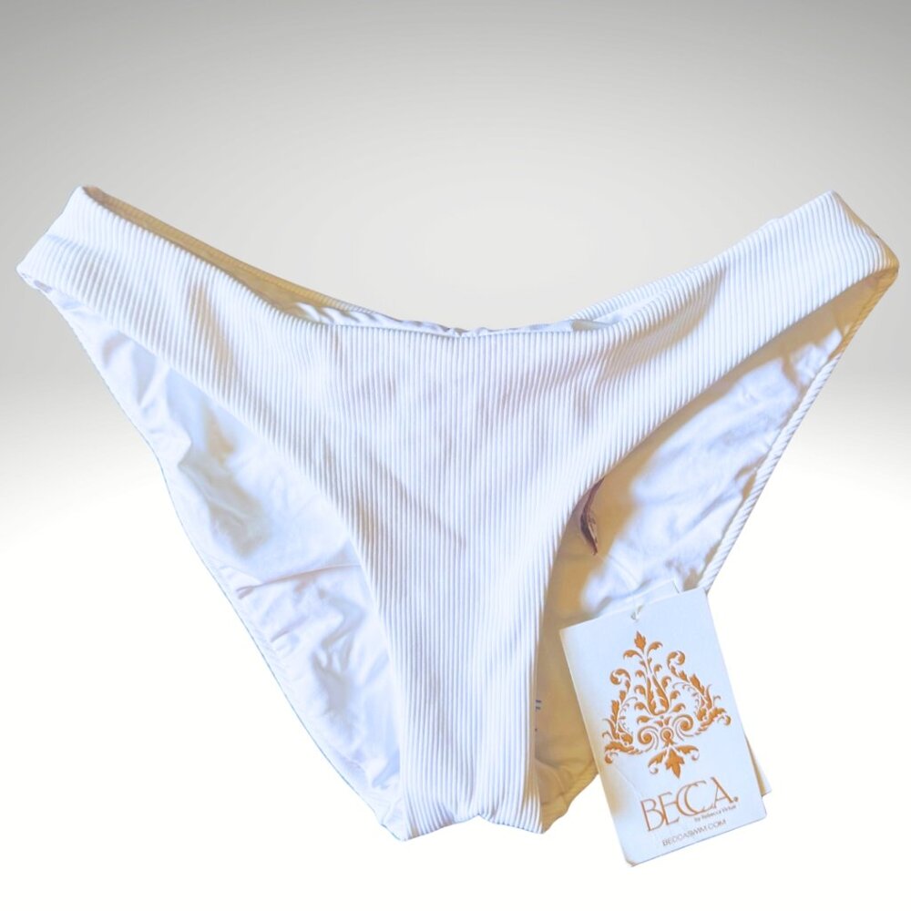 Becca White Ribbed Bikini Bottoms – Cinched Back – NWT – Size XS